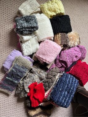 Assorted Hand-Knit Winter Scarves, Hats, Fingerless Gloves and Boot Toppers.